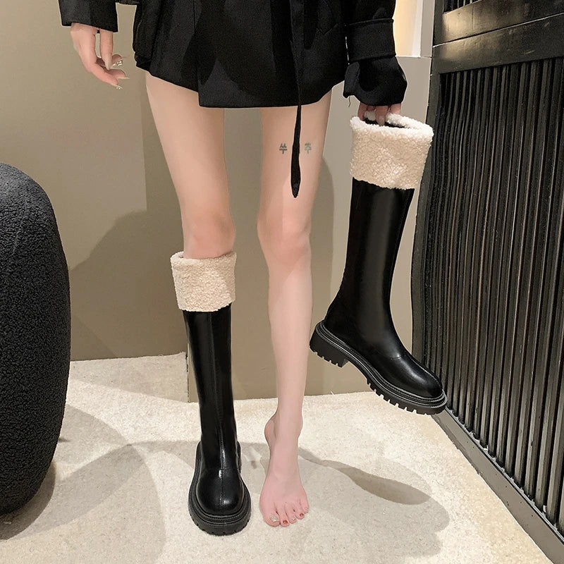 Shoes for Women 2023 New Korean Fashion Round Toe Women's Knee-High Boots Winter Fur Warm Platform High Boots Zapatos De Mujer