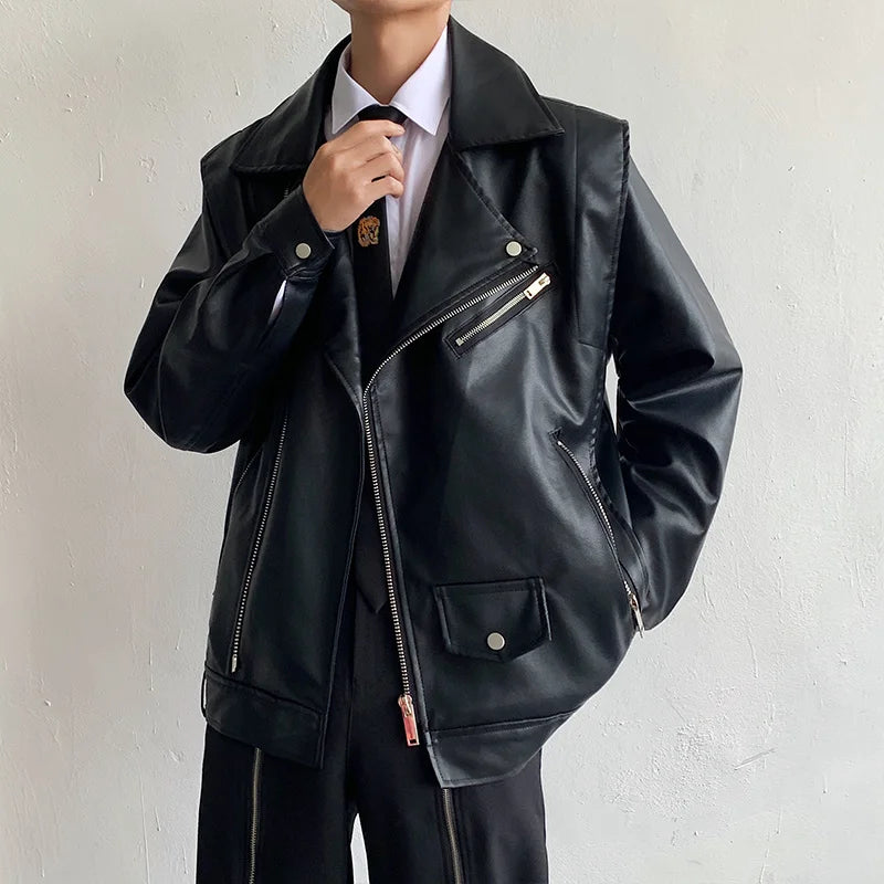 Shoulder Pad Leather Jacket Men Oversized Zipper Black Leather Jackets Mens Streetwear Korean Hip-hop Loose Bomber Jacket Men