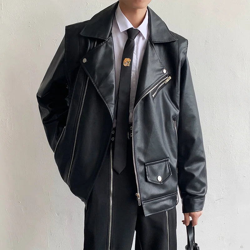 Shoulder Pad Leather Jacket Men Oversized Zipper Black Leather Jackets Mens Streetwear Korean Hip-hop Loose Bomber Jacket Men