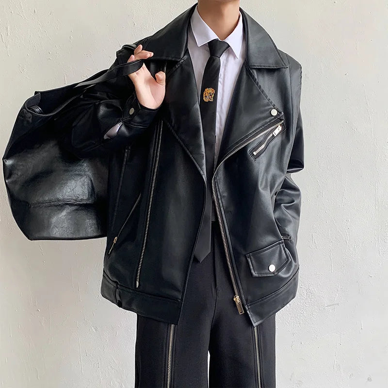 Shoulder Pad Leather Jacket Men Oversized Zipper Black Leather Jackets Mens Streetwear Korean Hip-hop Loose Bomber Jacket Men