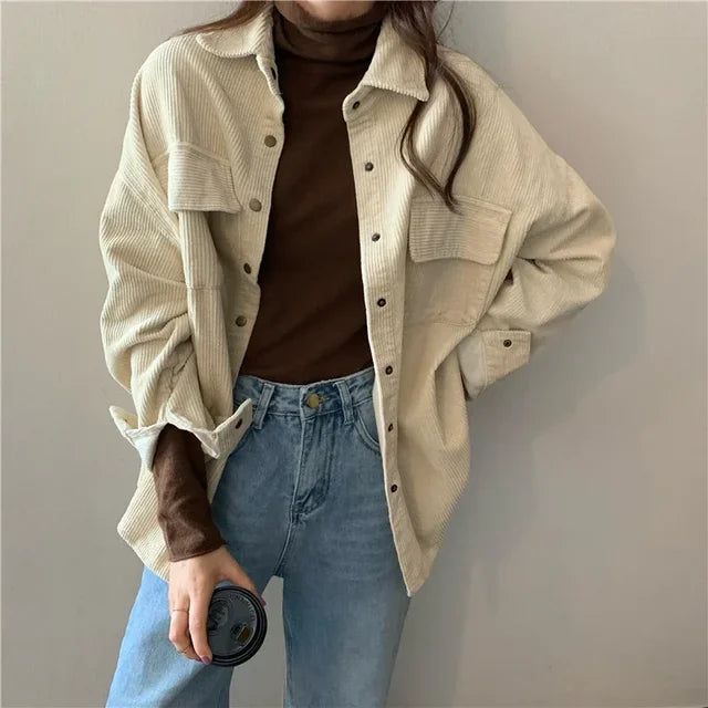 Spring New Women Solid Corduroy Shirts Jackets Full Sleeve Turn-Down Collar Oversize Coats Casual Autumn Basic Outwear T0O901F