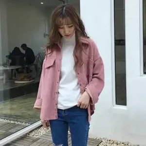 Spring New Women Solid Corduroy Shirts Jackets Full Sleeve Turn-Down Collar Oversize Coats Casual Autumn Basic Outwear T0O901F