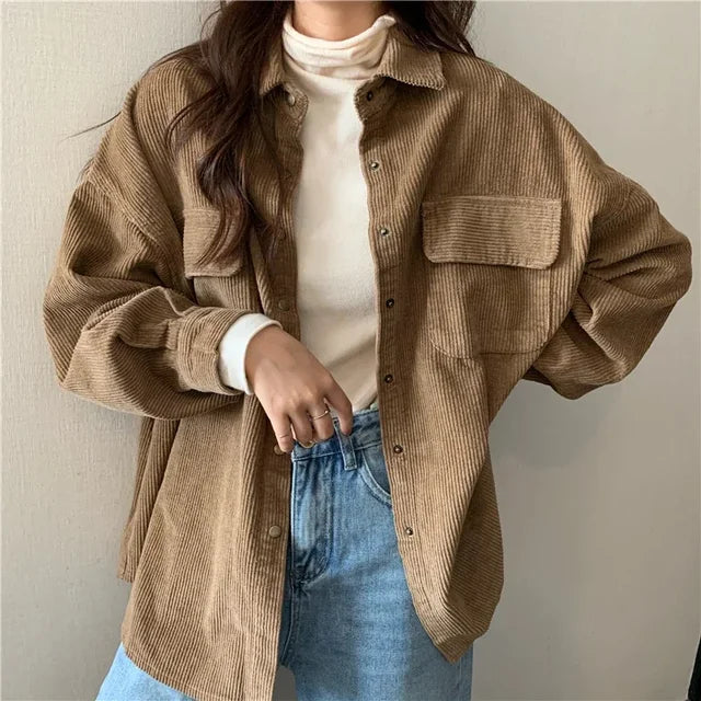 Spring New Women Solid Corduroy Shirts Jackets Full Sleeve Turn-Down Collar Oversize Coats Casual Autumn Basic Outwear T0O901F