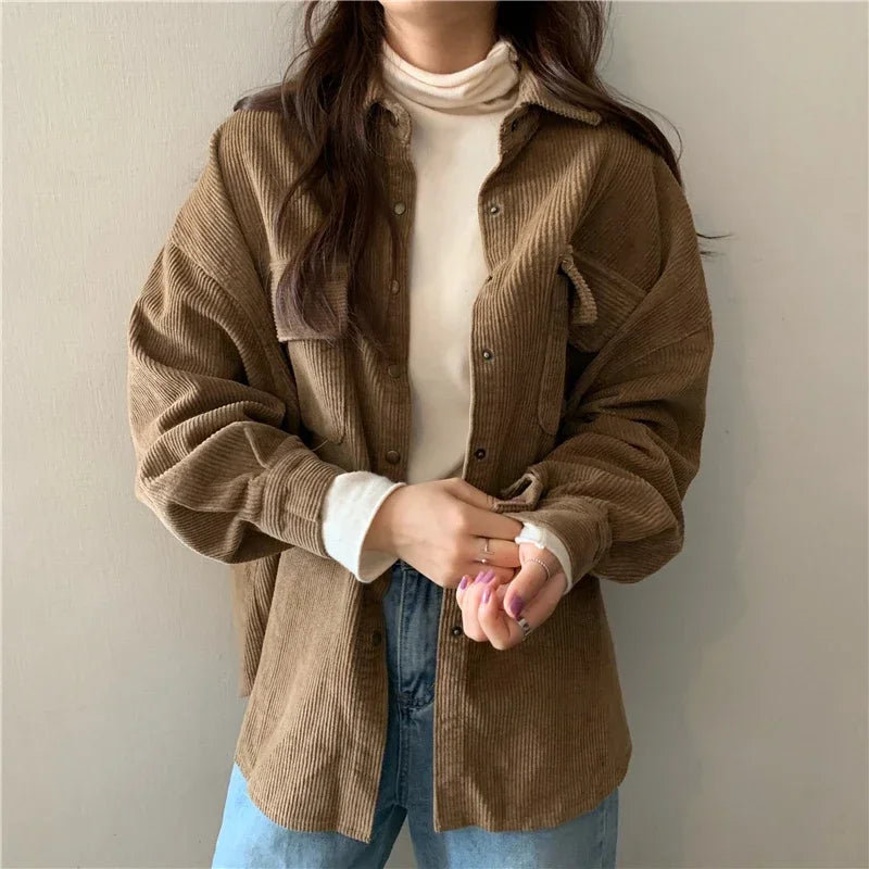 Spring New Women Solid Corduroy Shirts Jackets Full Sleeve Turn-Down Collar Oversize Coats Casual Autumn Basic Outwear T0O901F