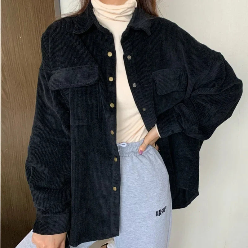 Spring New Women Solid Corduroy Shirts Jackets Full Sleeve Turn-Down Collar Oversize Coats Casual Autumn Basic Outwear T0O901F