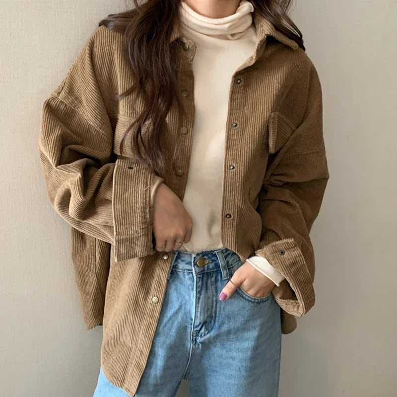 Spring New Women Solid Corduroy Shirts Jackets Full Sleeve Turn-Down Collar Oversize Coats Casual Autumn Basic Outwear T0O901F