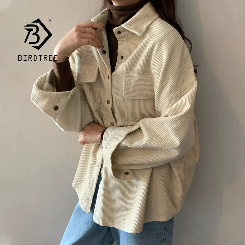 Spring New Women Solid Corduroy Shirts Jackets Full Sleeve Turn-Down Collar Oversize Coats Casual Autumn Basic Outwear T0O901F