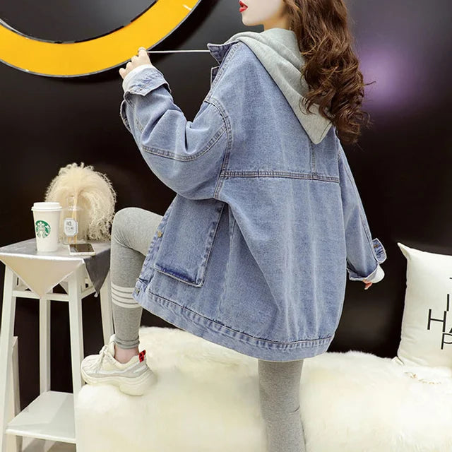 Streetwear Black Denim Jackets Women Korean Fashion Patchwork Hooded Spring Jacket Casual Chaquetas Veste Jeans Femme