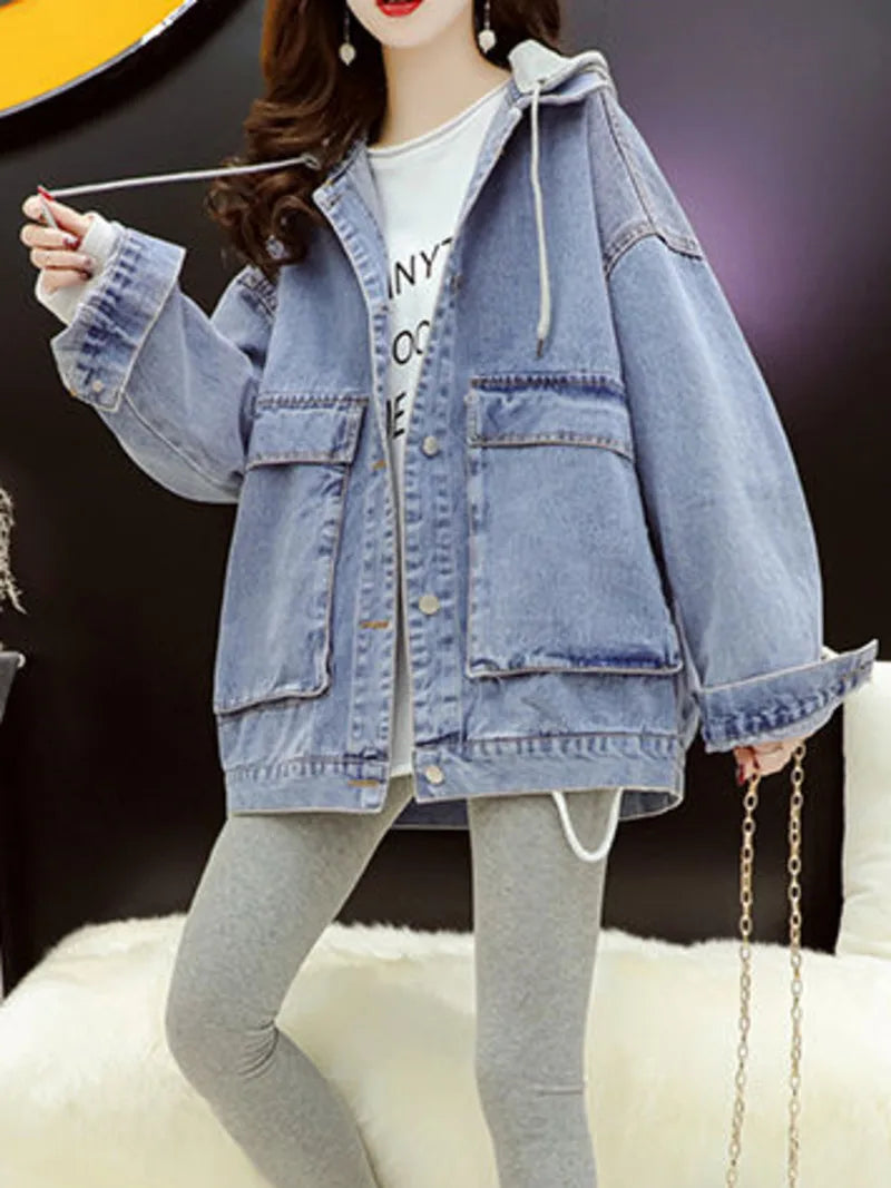 Streetwear Black Denim Jackets Women Korean Fashion Patchwork Hooded Spring Jacket Casual Chaquetas Veste Jeans Femme