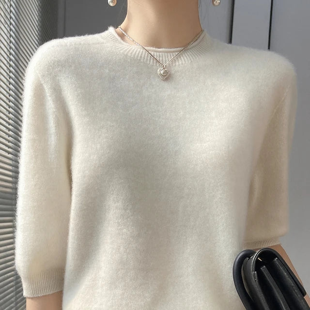 Summer Woman's Sweater Mid-Sleeve O-Neck T-Shirt Female Pullover Knitted Top Elegant 100% Wool Bloues  Large Size Tops Clothes