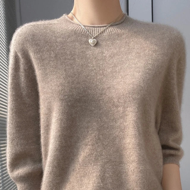 Summer Woman's Sweater Mid-Sleeve O-Neck T-Shirt Female Pullover Knitted Top Elegant 100% Wool Bloues  Large Size Tops Clothes