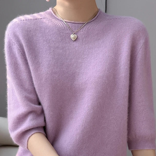 Summer Woman's Sweater Mid-Sleeve O-Neck T-Shirt Female Pullover Knitted Top Elegant 100% Wool Bloues  Large Size Tops Clothes