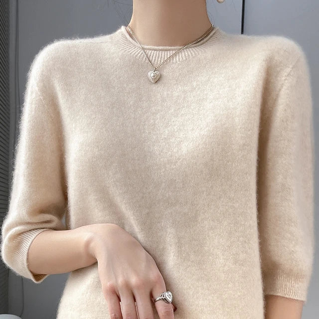 Summer Woman's Sweater Mid-Sleeve O-Neck T-Shirt Female Pullover Knitted Top Elegant 100% Wool Bloues  Large Size Tops Clothes