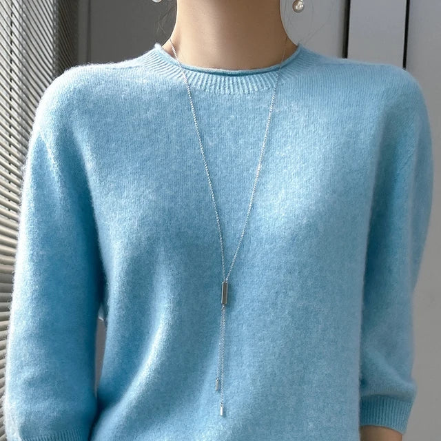 Summer Woman's Sweater Mid-Sleeve O-Neck T-Shirt Female Pullover Knitted Top Elegant 100% Wool Bloues  Large Size Tops Clothes