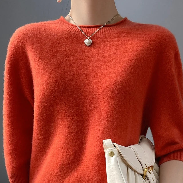 Summer Woman's Sweater Mid-Sleeve O-Neck T-Shirt Female Pullover Knitted Top Elegant 100% Wool Bloues  Large Size Tops Clothes