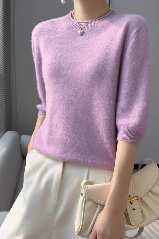 Summer Woman's Sweater Mid-Sleeve O-Neck T-Shirt Female Pullover Knitted Top Elegant 100% Wool Bloues  Large Size Tops Clothes