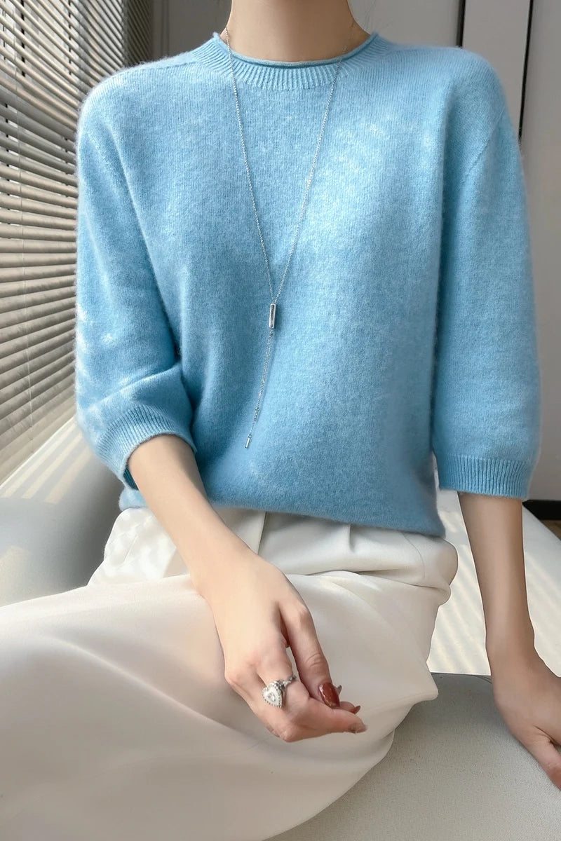 Summer Woman's Sweater Mid-Sleeve O-Neck T-Shirt Female Pullover Knitted Top Elegant 100% Wool Bloues  Large Size Tops Clothes