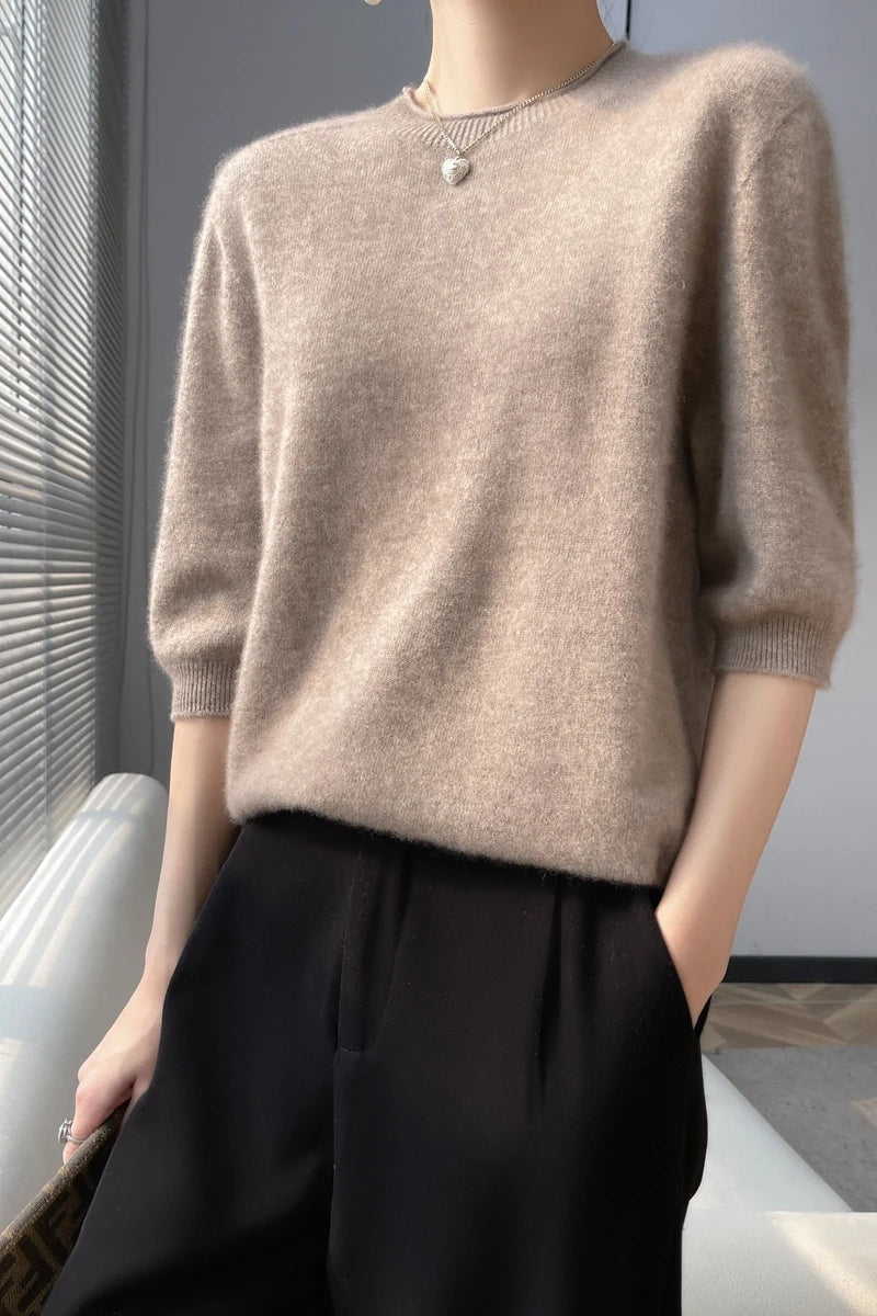 Summer Woman's Sweater Mid-Sleeve O-Neck T-Shirt Female Pullover Knitted Top Elegant 100% Wool Bloues  Large Size Tops Clothes