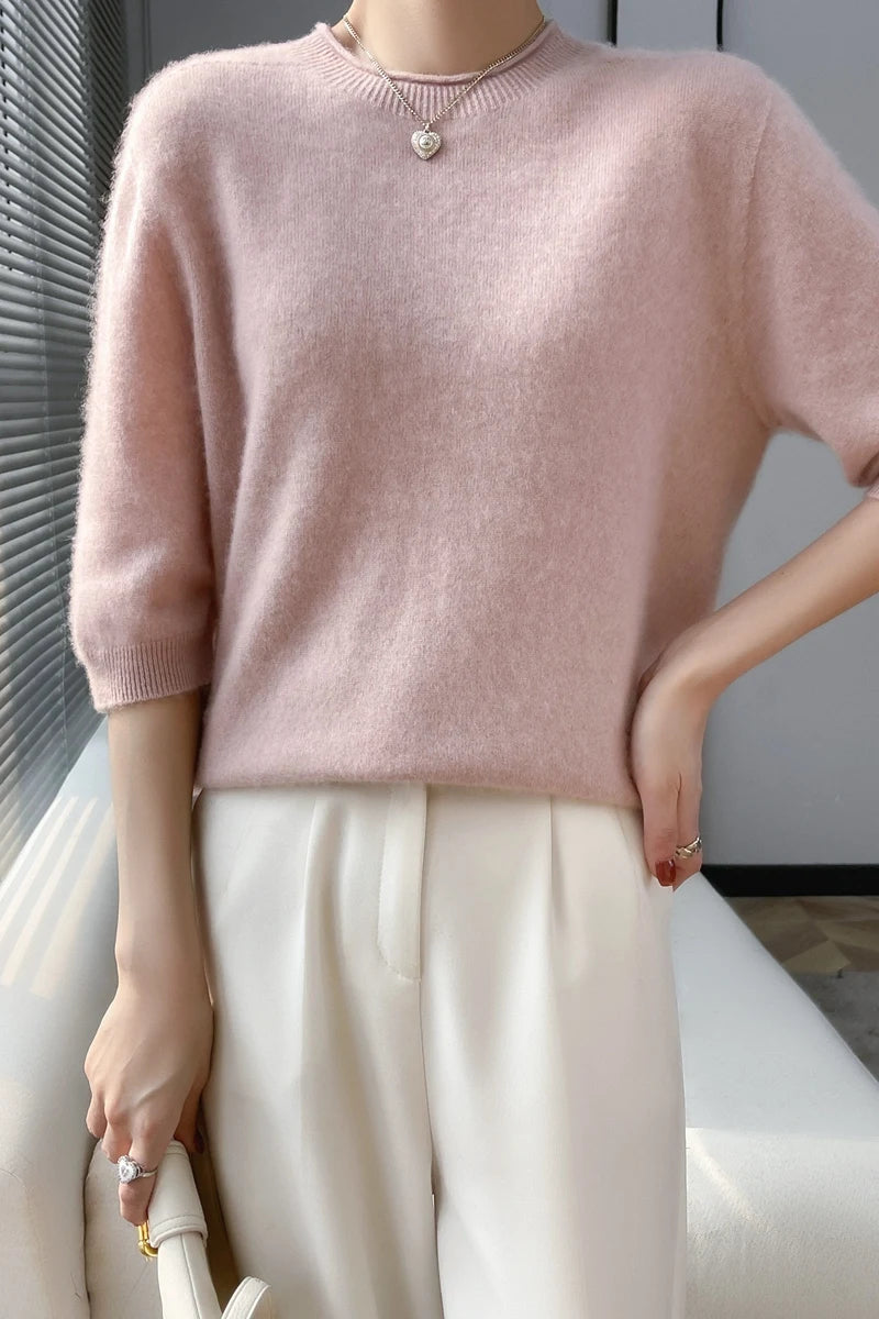 Summer Woman's Sweater Mid-Sleeve O-Neck T-Shirt Female Pullover Knitted Top Elegant 100% Wool Bloues  Large Size Tops Clothes