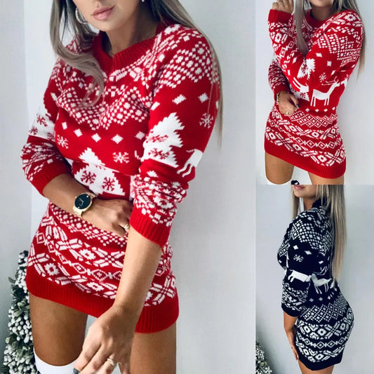 Sweater Women Christmas Deer Knitted Long Sleeve Round Neck Ladies Jumper Fashion Casual Winter Autumn Pullover ClothesPlus Size