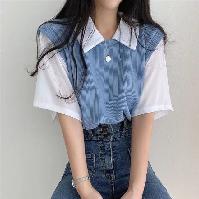 Sweet Vintage Casual Shirt Turn Down Collar Basic Loose Oversize Short Sleeve Female Women Student Shirts