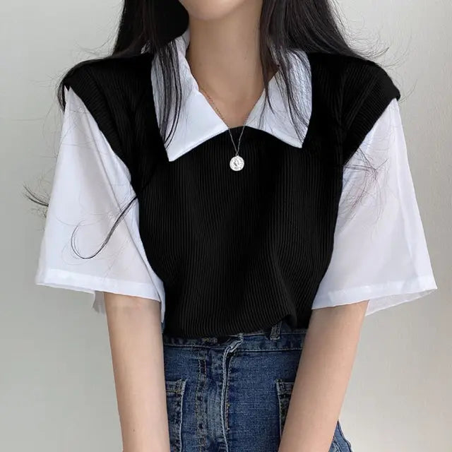 Sweet Vintage Casual Shirt Turn Down Collar Basic Loose Oversize Short Sleeve Female Women Student Shirts