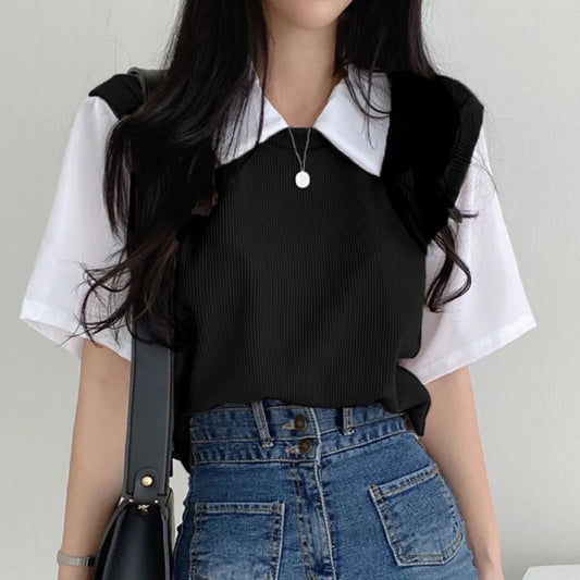 Sweet Vintage Casual Shirt Turn Down Collar Basic Loose Oversize Short Sleeve Female Women Student Shirts