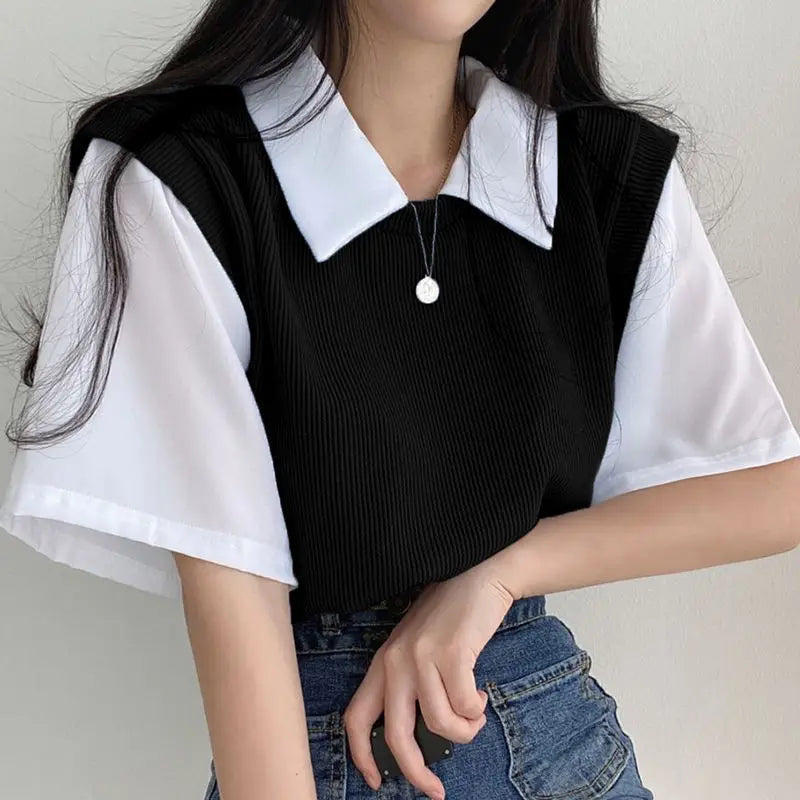 Sweet Vintage Casual Shirt Turn Down Collar Basic Loose Oversize Short Sleeve Female Women Student Shirts