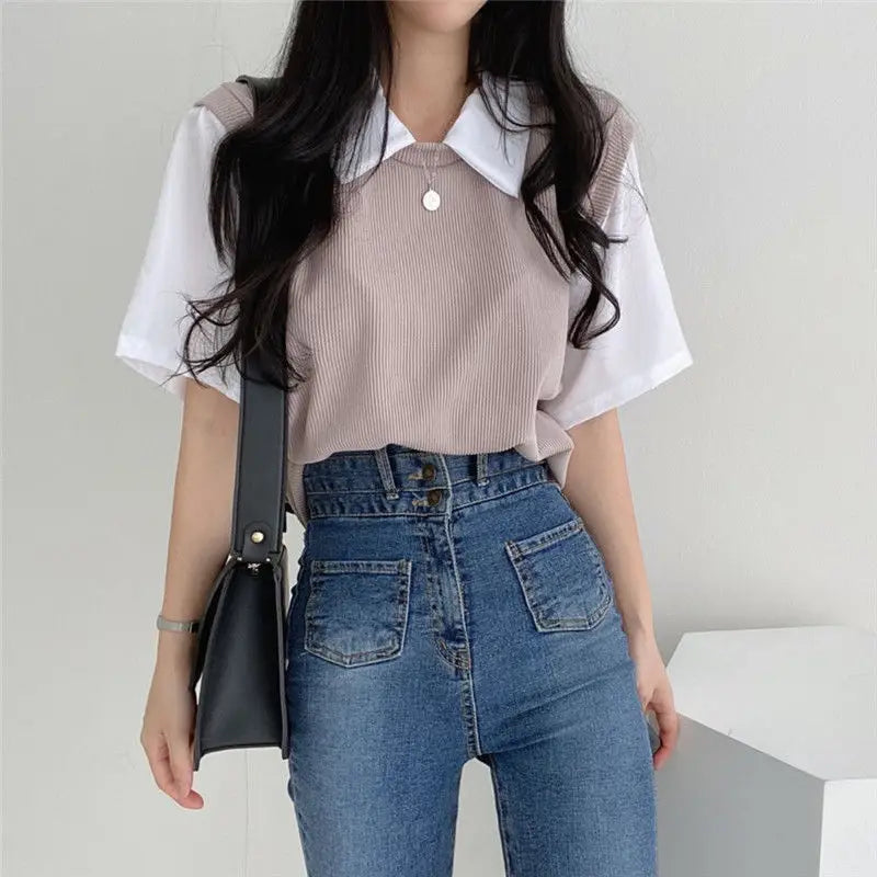 Sweet Vintage Casual Shirt Turn Down Collar Basic Loose Oversize Short Sleeve Female Women Student Shirts