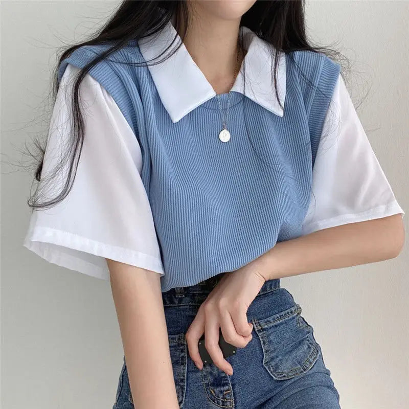 Sweet Vintage Casual Shirt Turn Down Collar Basic Loose Oversize Short Sleeve Female Women Student Shirts