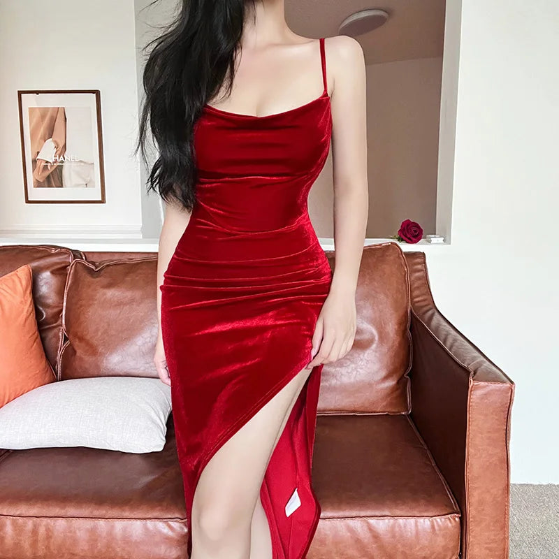 Velvet Swing Collar Sleeveless Slip Sexy Slit Maxi Dress 2023 New Fashion Evening Party Women Elegant Streetwear Y2K CF22107GN