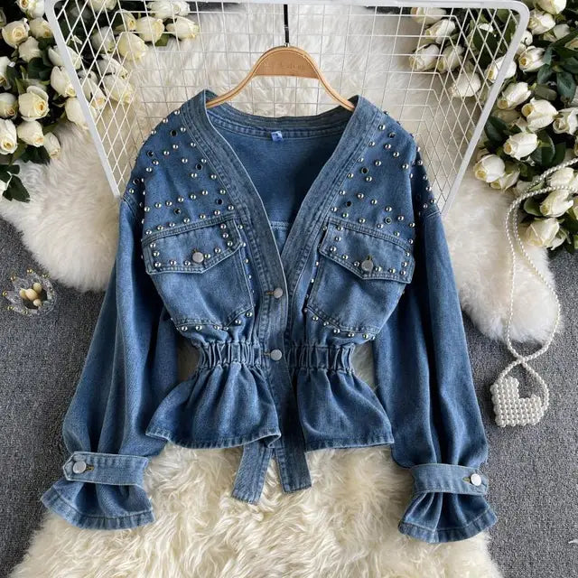 Vintage Loose Casual V Neck Women Denim Coat Simple Spring Autumn 2023 New All Match Women Jean Jackets Korean Style Chic Tops