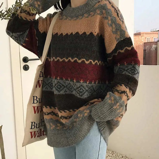 Vintage Sweaters Women Pullover Winter Striped Jumpers Korean Style Loose Pullover Knitwear Casual Loose Sweater Pull Femme