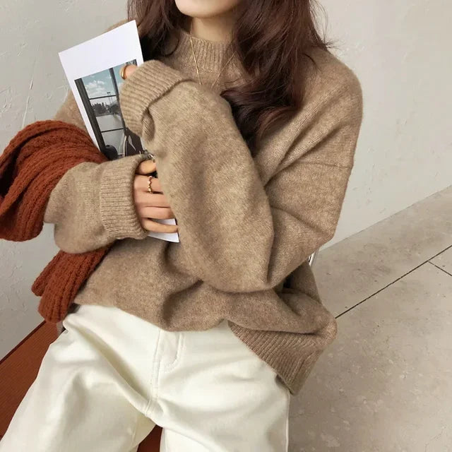 Vintage Women Solid Sweaters Autumn Winter O Neck Long Sleeve Pullovers Tops Korean Fashion Soft Thick Oversized Knitted Sweater