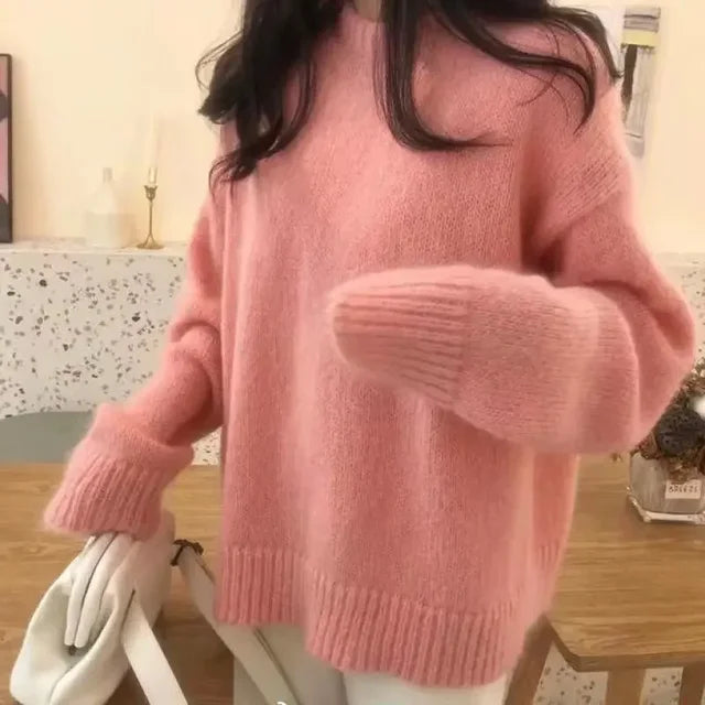 Vintage Women Solid Sweaters Autumn Winter O Neck Long Sleeve Pullovers Tops Korean Fashion Soft Thick Oversized Knitted Sweater