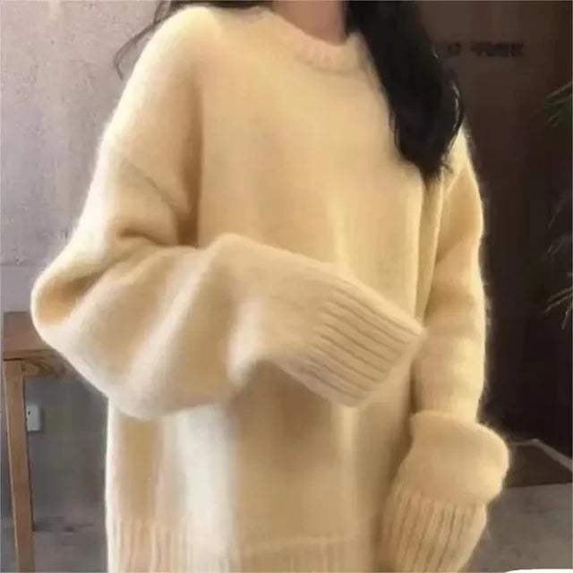 Vintage Women Solid Sweaters Autumn Winter O Neck Long Sleeve Pullovers Tops Korean Fashion Soft Thick Oversized Knitted Sweater