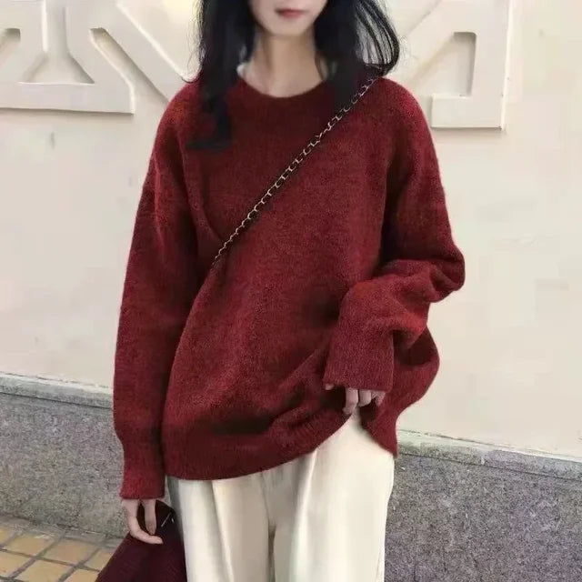 Vintage Women Solid Sweaters Autumn Winter O Neck Long Sleeve Pullovers Tops Korean Fashion Soft Thick Oversized Knitted Sweater