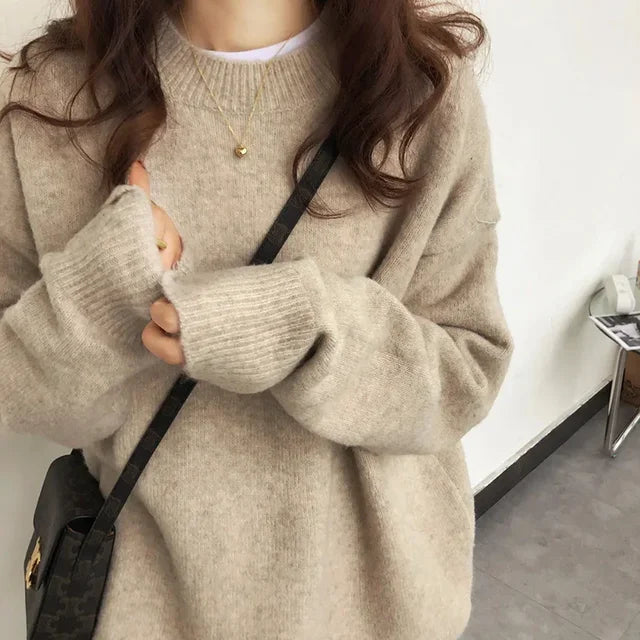 Vintage Women Solid Sweaters Autumn Winter O Neck Long Sleeve Pullovers Tops Korean Fashion Soft Thick Oversized Knitted Sweater