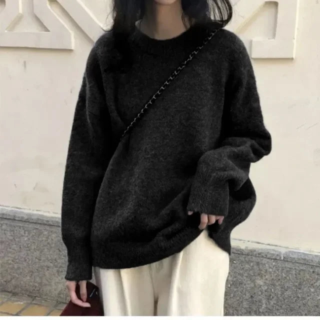 Vintage Women Solid Sweaters Autumn Winter O Neck Long Sleeve Pullovers Tops Korean Fashion Soft Thick Oversized Knitted Sweater