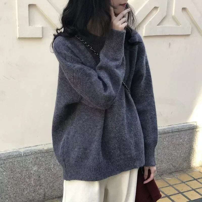 Vintage Women Solid Sweaters Autumn Winter O Neck Long Sleeve Pullovers Tops Korean Fashion Soft Thick Oversized Knitted Sweater