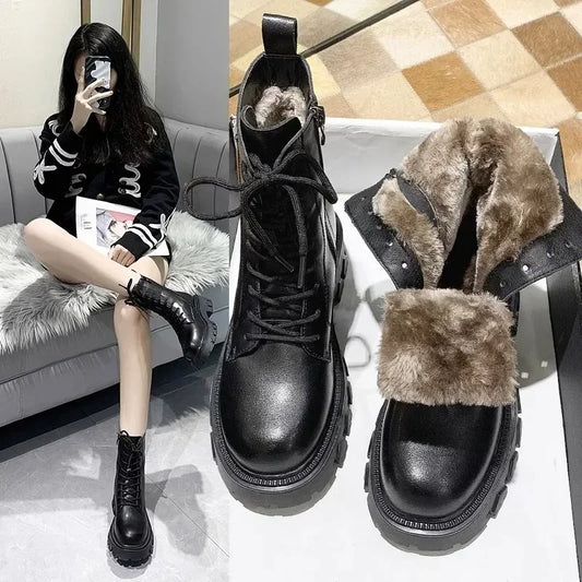 WTEMPO Women's Winter Combat Boots 2023 New Fur Black Platform Boots For Women Punk Gothic Shoes Ankle Boots Female Plush Shoes