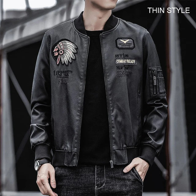 Winter Men's Leather Jacket Male Outerwear Embroidery Streetwear Casual PU Motorcycle Jacket Men Clothing Coat Biker Jacket BF35