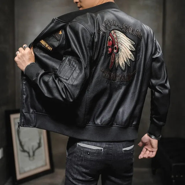 Winter Men's Leather Jacket Male Outerwear Embroidery Streetwear Casual PU Motorcycle Jacket Men Clothing Coat Biker Jacket BF35