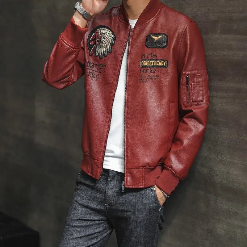 Winter Men's Leather Jacket Male Outerwear Embroidery Streetwear Casual PU Motorcycle Jacket Men Clothing Coat Biker Jacket BF35