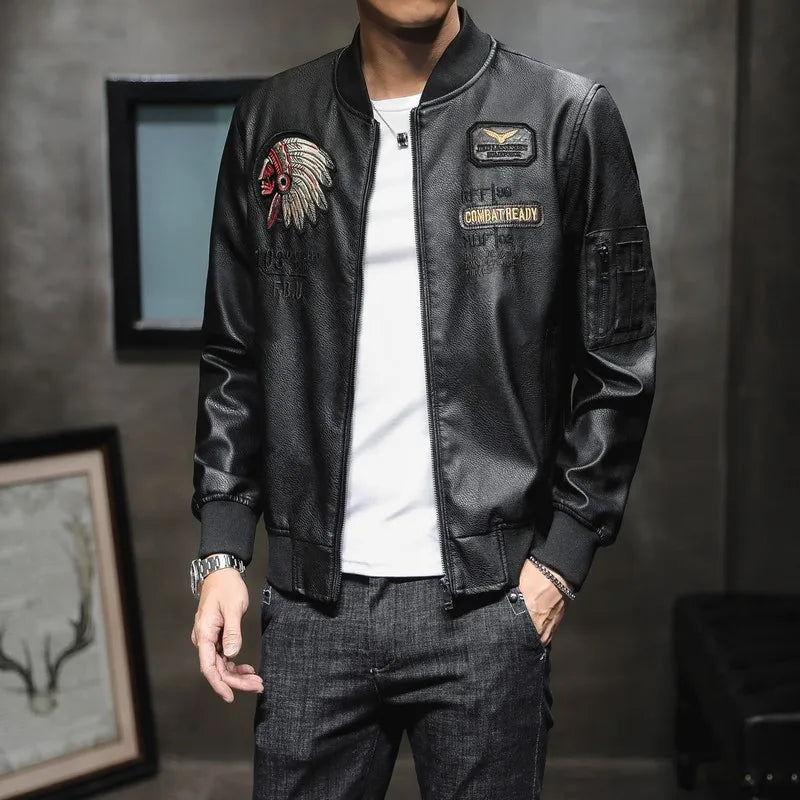 Winter Men's Leather Jacket Male Outerwear Embroidery Streetwear Casual PU Motorcycle Jacket Men Clothing Coat Biker Jacket BF35