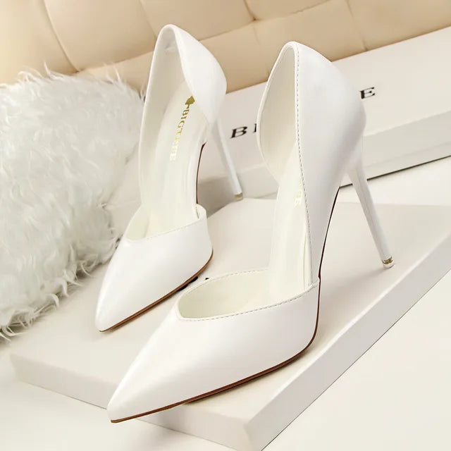 Woman Leather Pumps Thin Heels Solid Women Pumps Sexy 10.5cm High Heels Pointed Toe Wedding Shoes Female