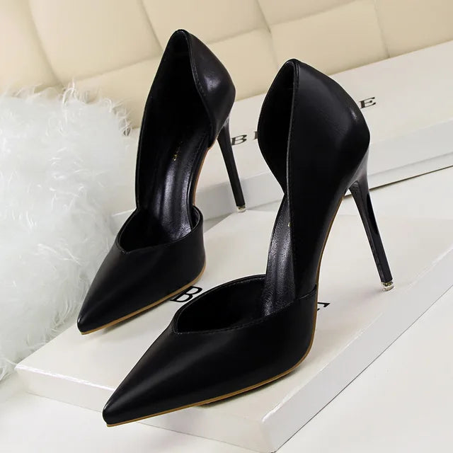 Woman Leather Pumps Thin Heels Solid Women Pumps Sexy 10.5cm High Heels Pointed Toe Wedding Shoes Female