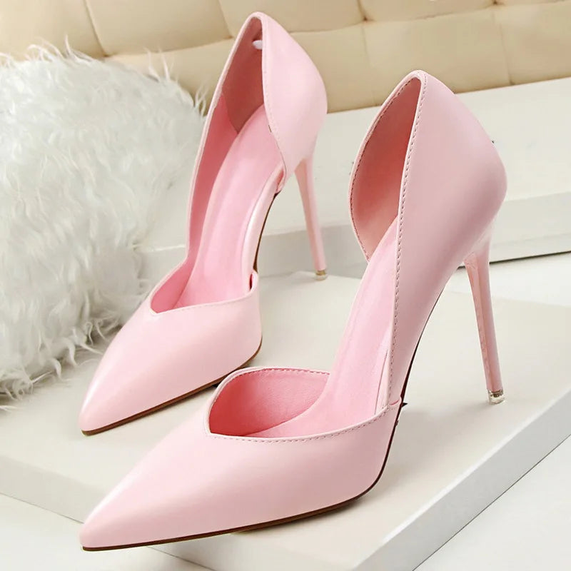 Woman Leather Pumps Thin Heels Solid Women Pumps Sexy 10.5cm High Heels Pointed Toe Wedding Shoes Female