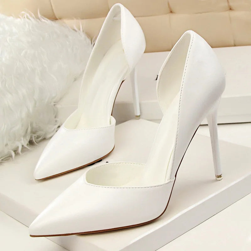 Woman Leather Pumps Thin Heels Solid Women Pumps Sexy 10.5cm High Heels Pointed Toe Wedding Shoes Female