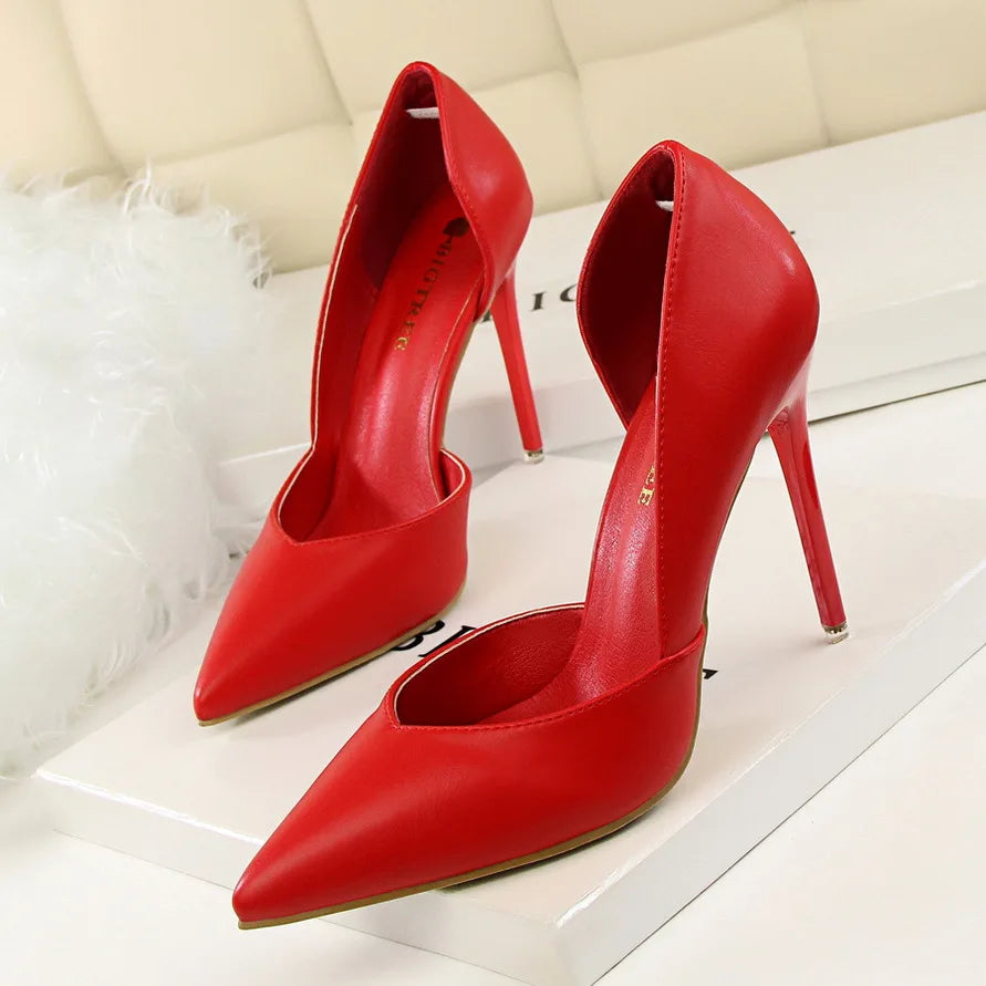 Woman Leather Pumps Thin Heels Solid Women Pumps Sexy 10.5cm High Heels Pointed Toe Wedding Shoes Female